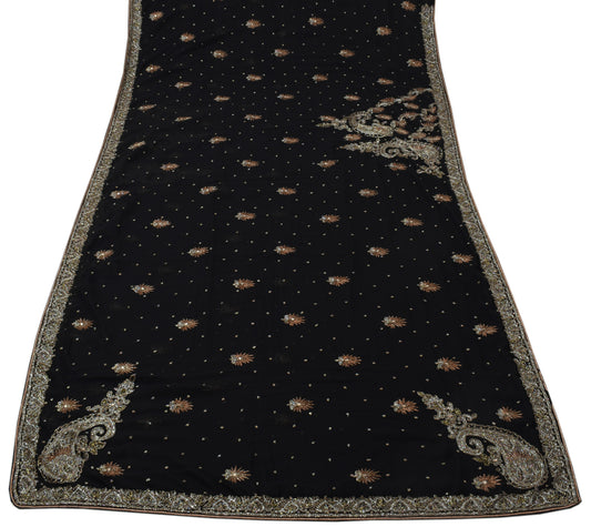 Sushila Vintage HEAVY Black Saree Art Georgette Silk Embellish Glass Beads Sari Craft Fabric