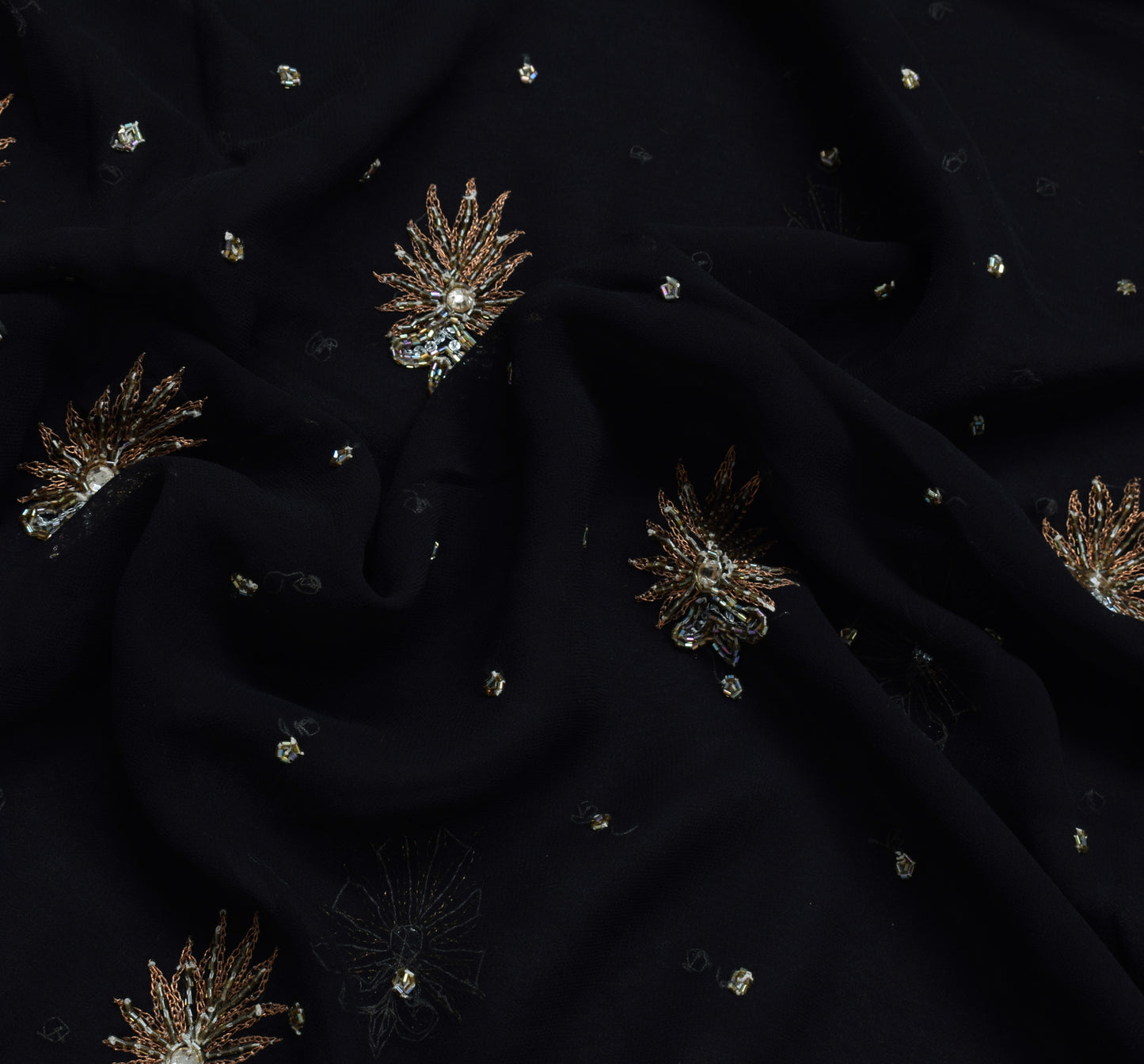 Sushila Vintage HEAVY Black Saree Art Georgette Silk Embellish Glass Beads Sari Craft Fabric