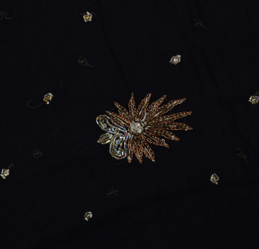 Sushila Vintage HEAVY Black Saree Art Georgette Silk Embellish Glass Beads Sari Craft Fabric