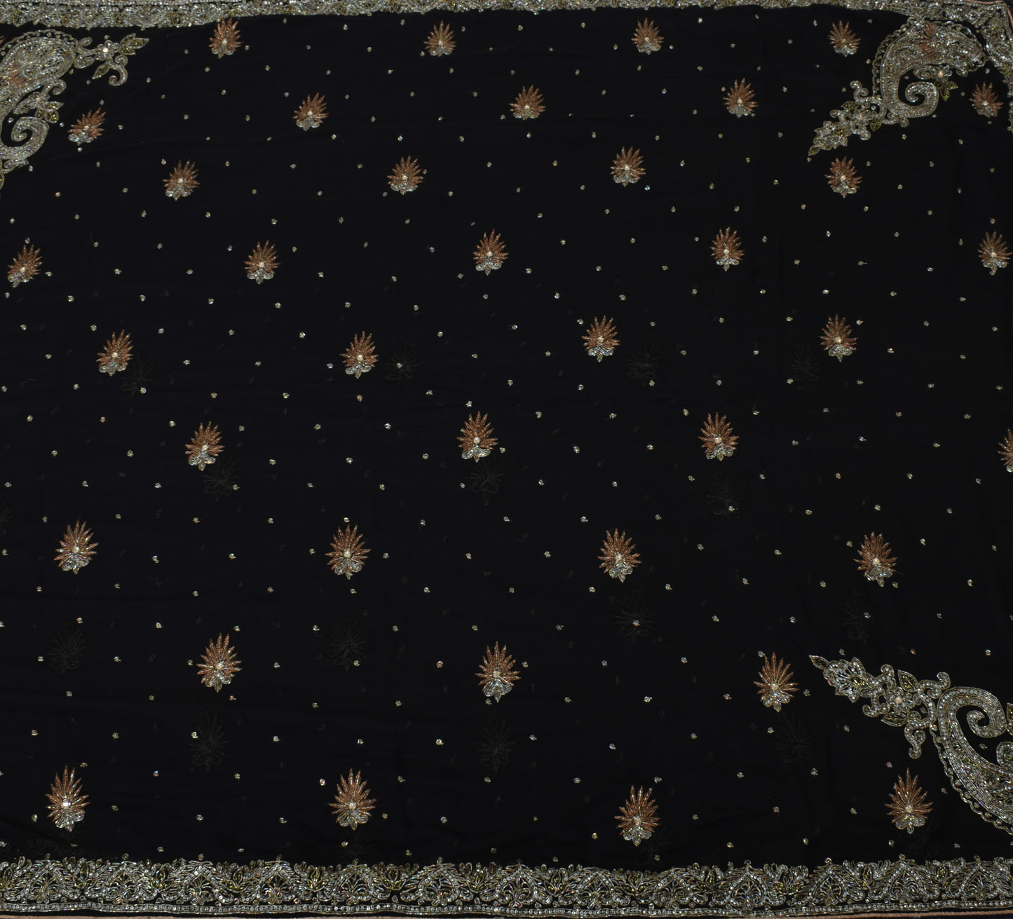 Sushila Vintage HEAVY Black Saree Art Georgette Silk Embellish Glass Beads Sari Craft Fabric