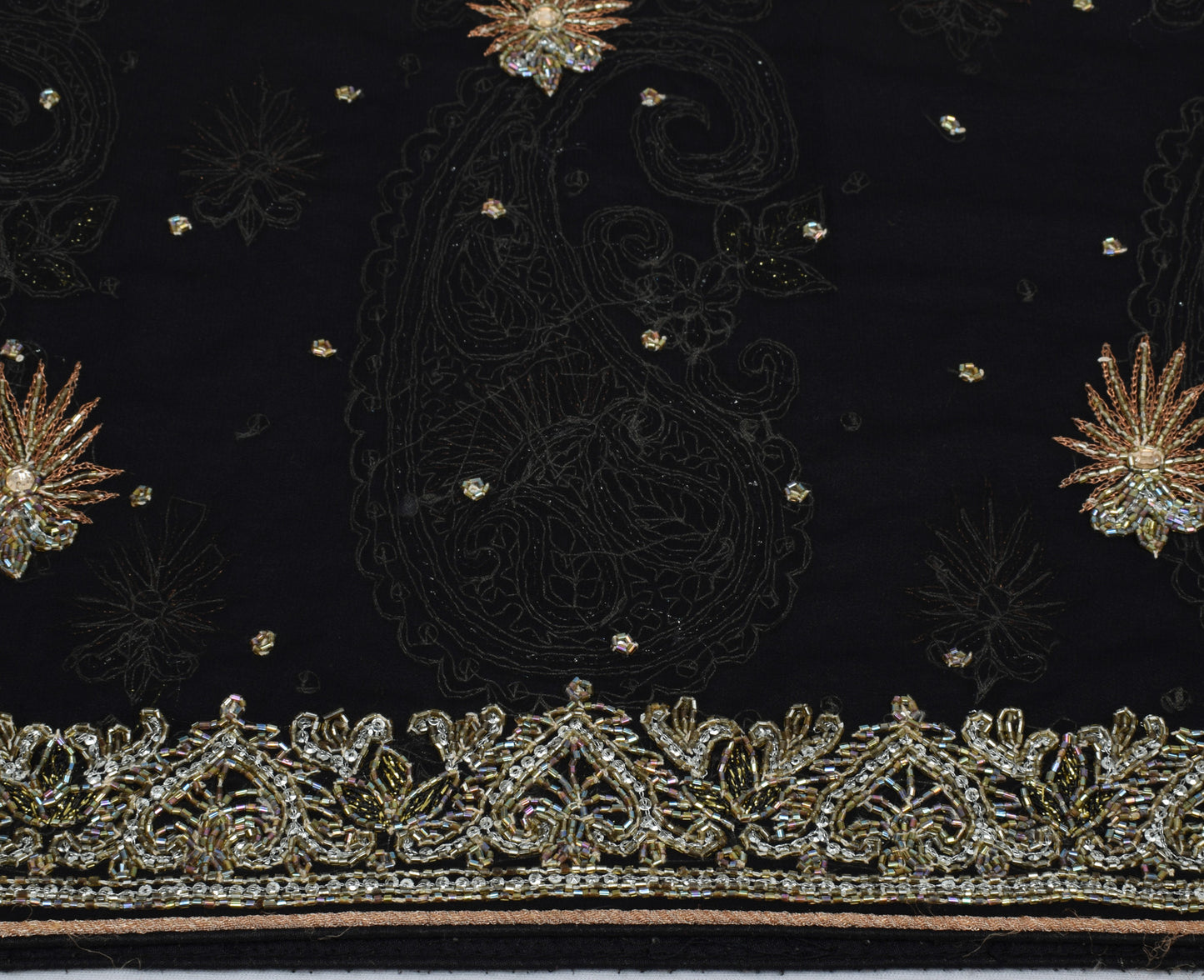 Sushila Vintage HEAVY Black Saree Art Georgette Silk Embellish Glass Beads Sari Craft Fabric