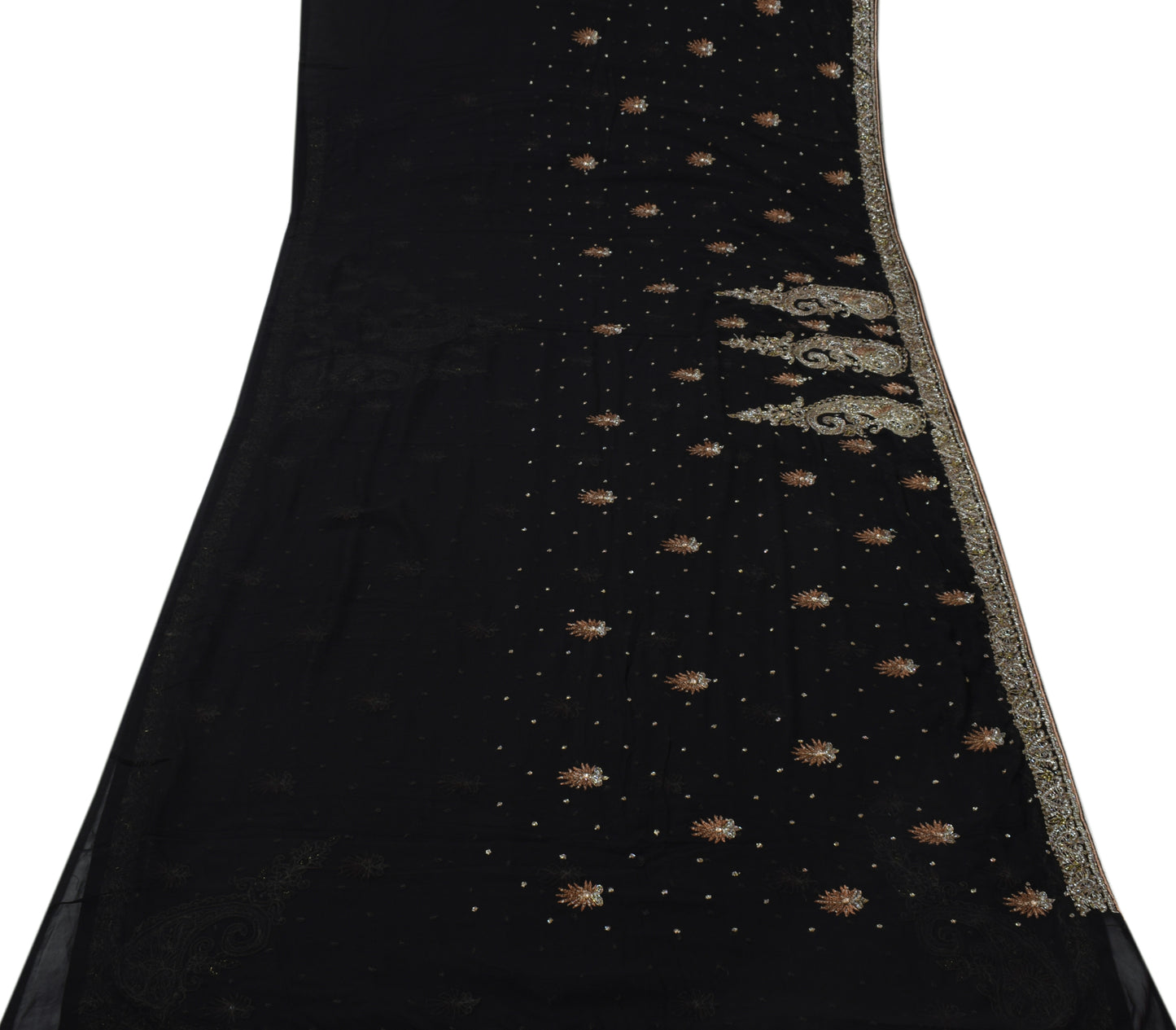 Sushila Vintage HEAVY Black Saree Art Georgette Silk Embellish Glass Beads Sari Craft Fabric