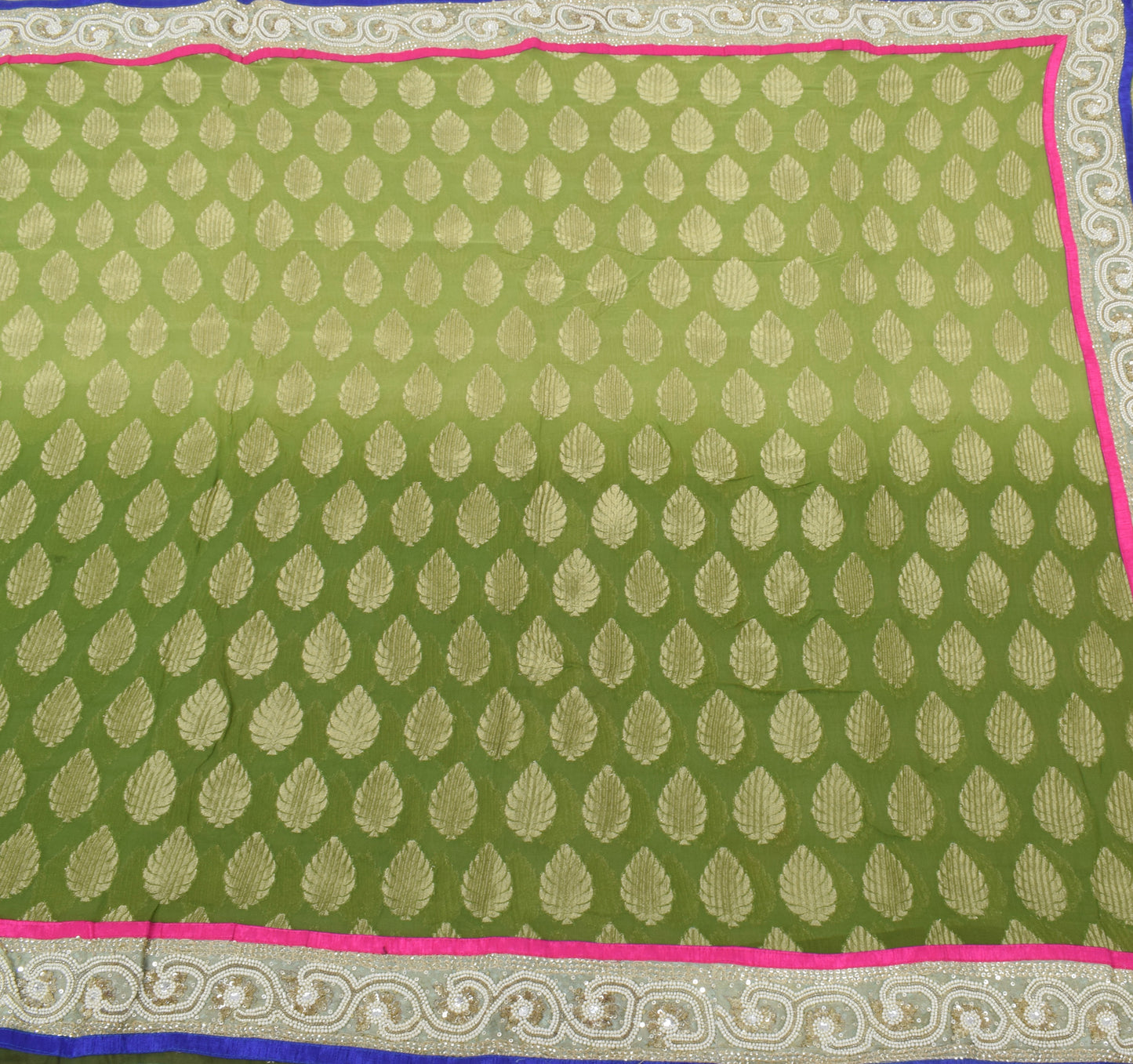Sushila Vintage HEAVY Green Saree Pure Georgette Woven Beaded Pearl Sari Fabric
