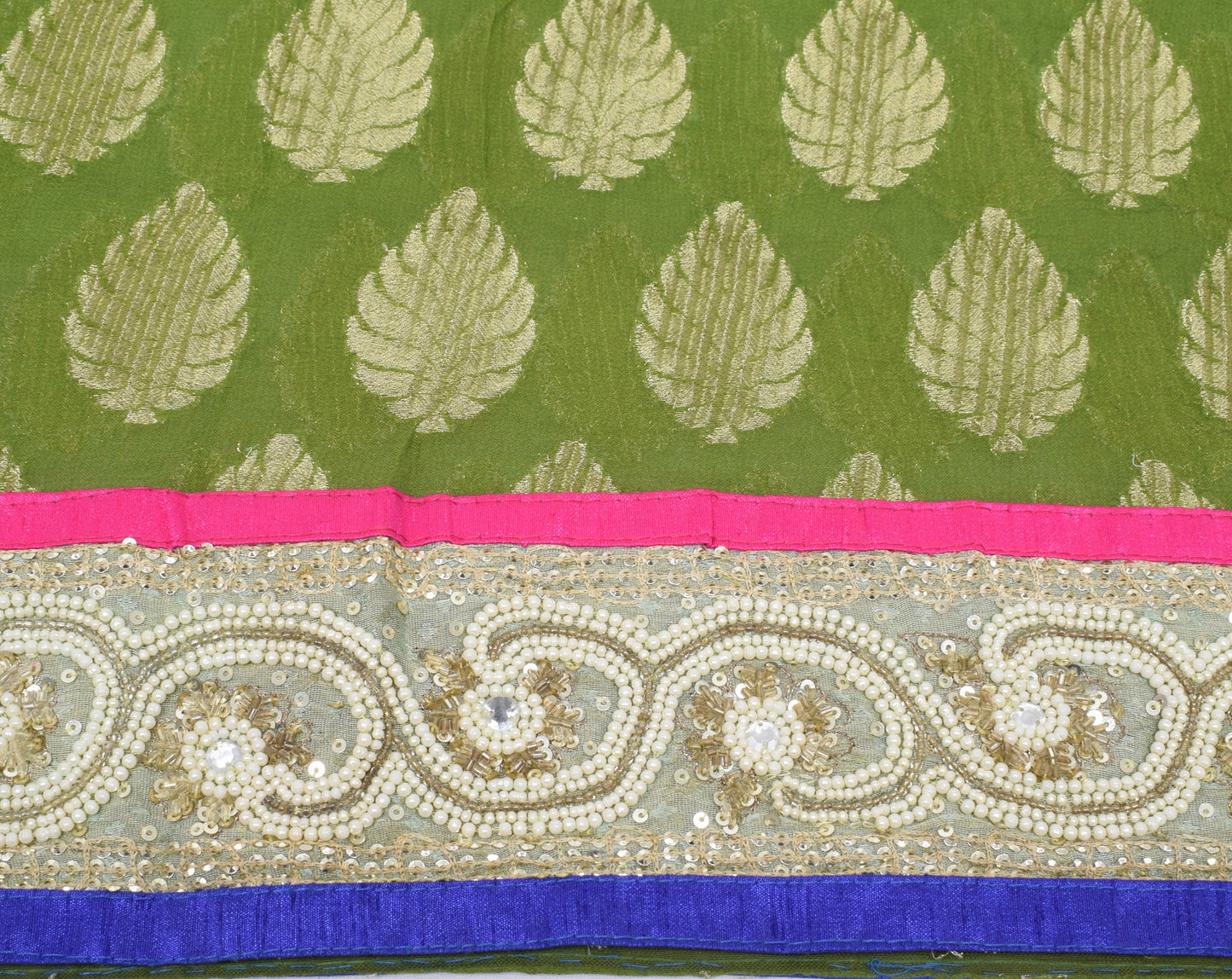 Sushila Vintage HEAVY Green Saree Pure Georgette Woven Beaded Pearl Sari Fabric