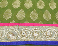 Sushila Vintage HEAVY Green Saree Pure Georgette Woven Beaded Pearl Sari Fabric