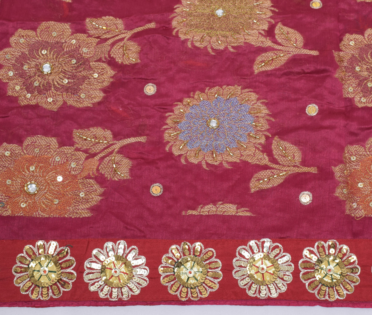 Sushila Vintage Magenta HEAVY Saree Pure Silk Woven & Embroidered Floral Sari Fabric