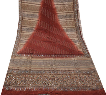 Sushila Vintage Brown Saree Pure Crepe Silk Printed Embroidered Sari Fabric