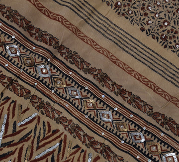 Sushila Vintage Brown Saree Pure Crepe Silk Printed Embroidered Sari Fabric