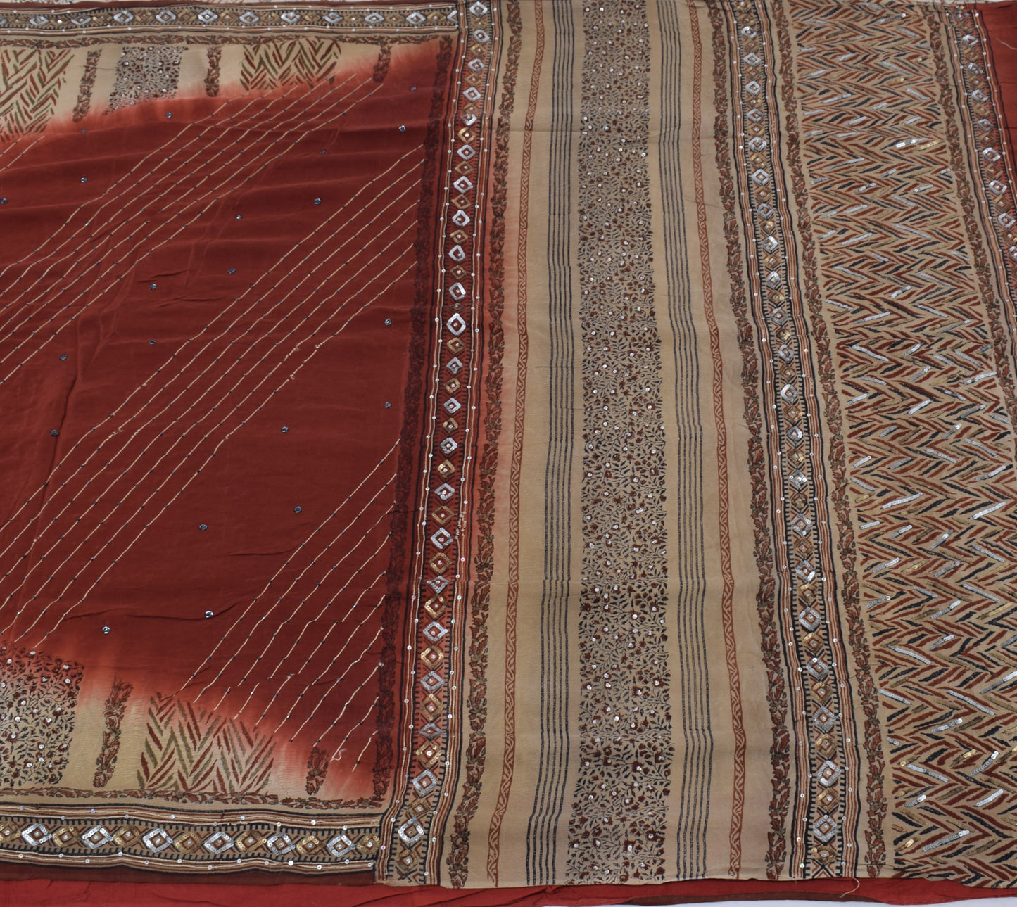 Sushila Vintage Brown Saree Pure Crepe Silk Printed Embroidered Sari Fabric