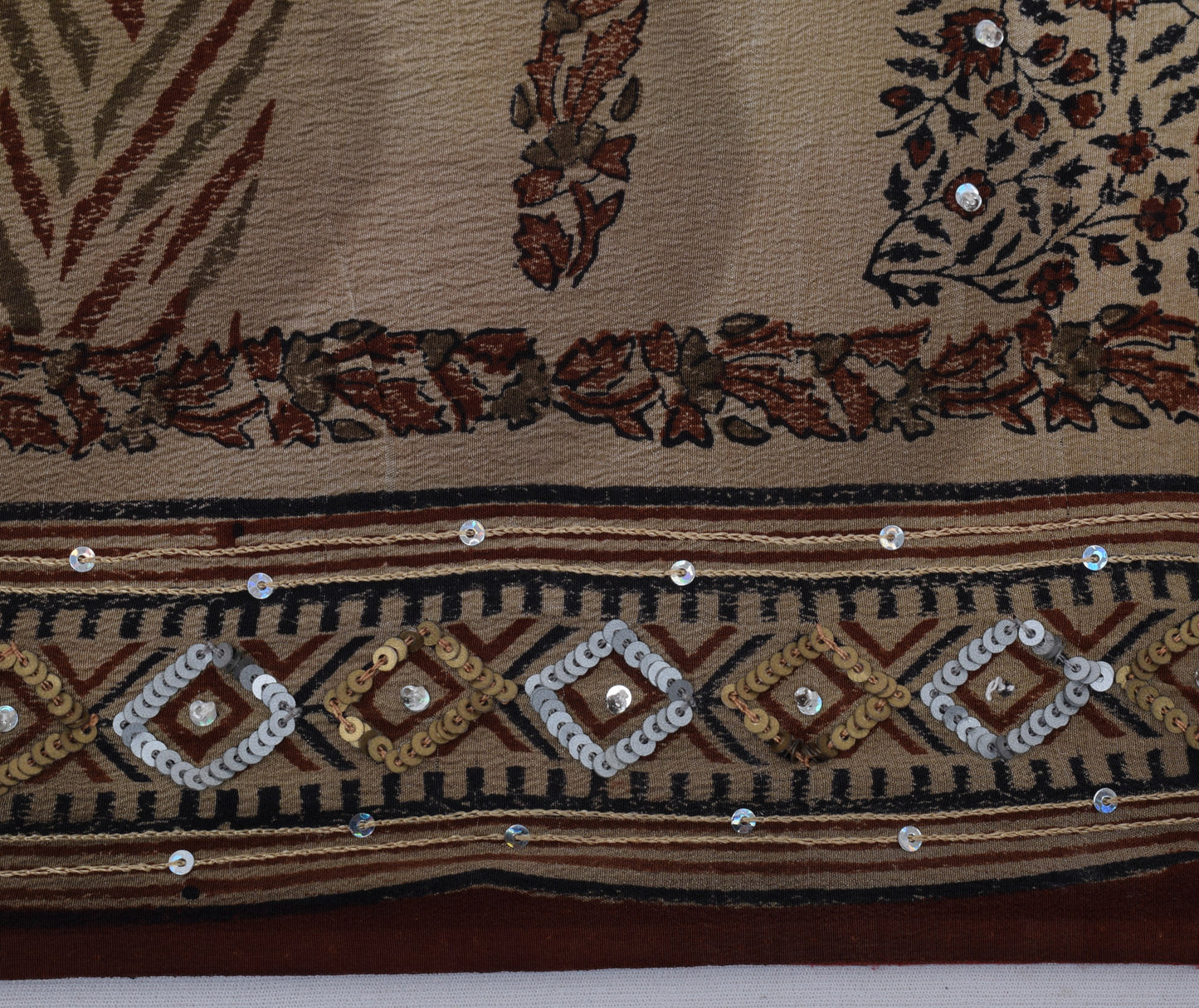 Sushila Vintage Brown Saree Pure Crepe Silk Printed Embroidered Sari Fabric