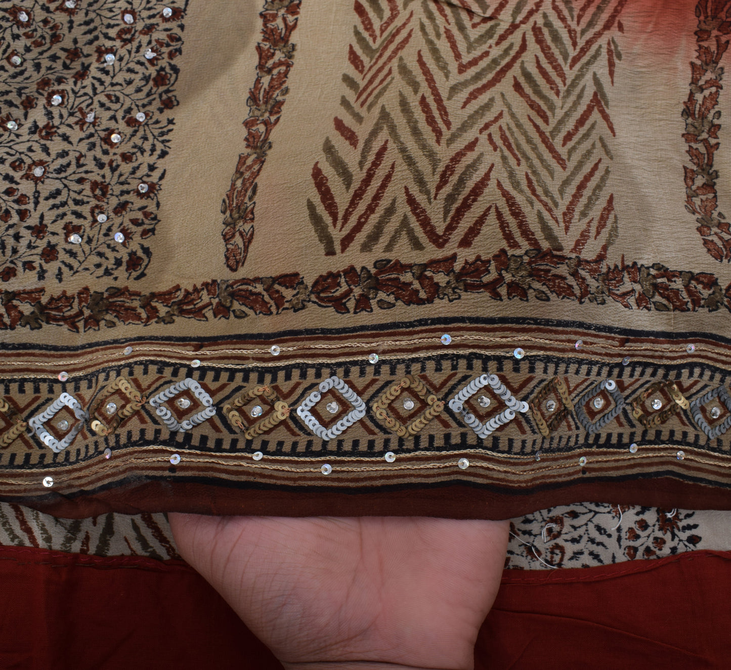 Sushila Vintage Brown Saree Pure Crepe Silk Printed Embroidered Sari Fabric