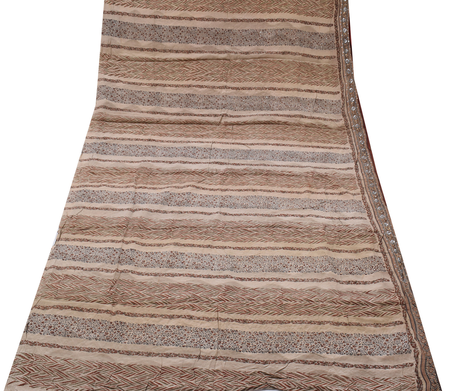 Sushila Vintage Brown Saree Pure Crepe Silk Printed Embroidered Sari Fabric