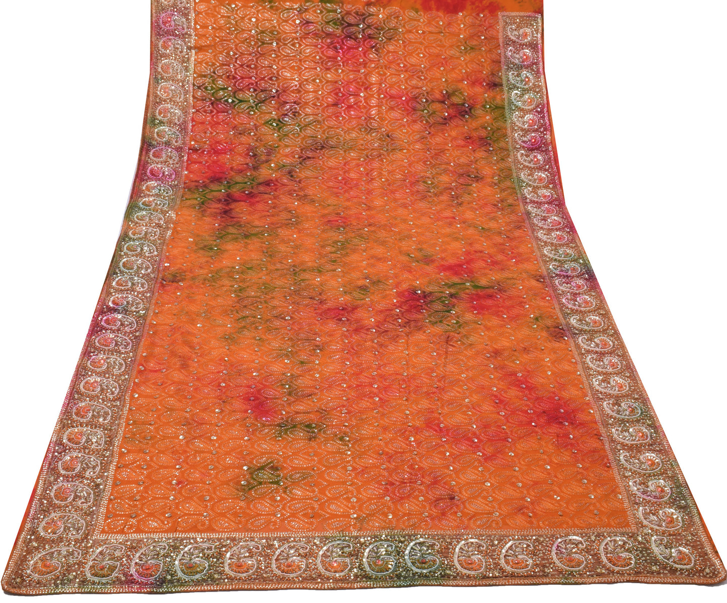 Sushila Vintage Rust HEAVY Sari Pure Georgette Sequin Embellish Tie-dye Sari Craft Fabric
