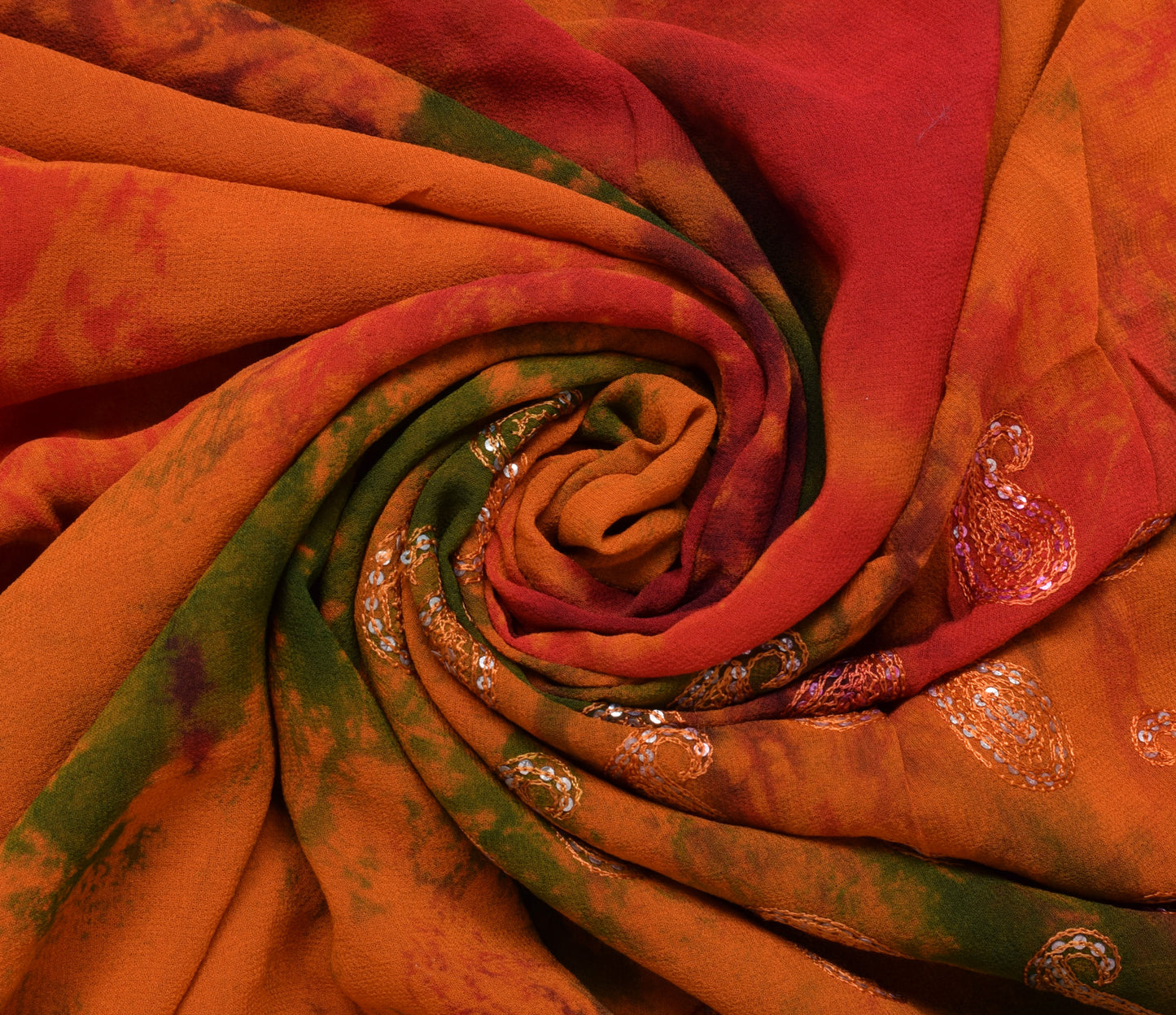 Sushila Vintage Rust HEAVY Sari Pure Georgette Sequin Embellish Tie-dye Sari Craft Fabric