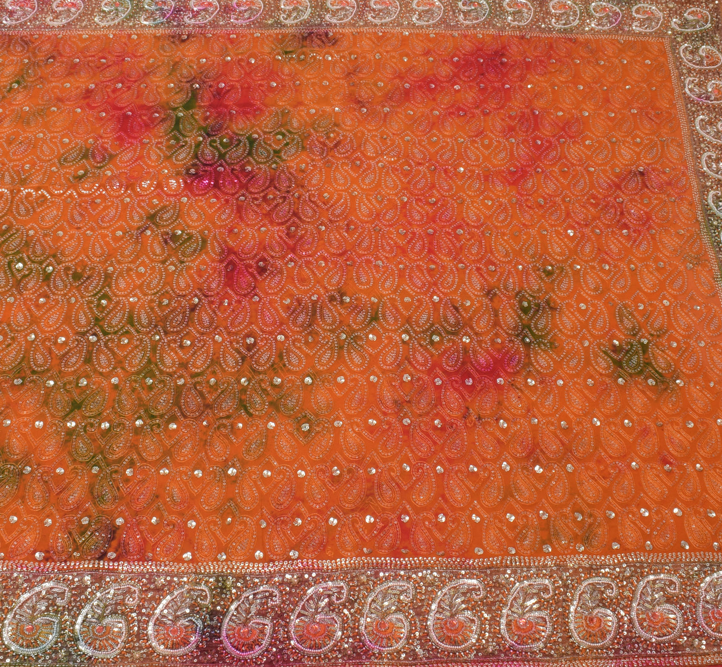 Sushila Vintage Rust HEAVY Sari Pure Georgette Sequin Embellish Tie-dye Sari Craft Fabric
