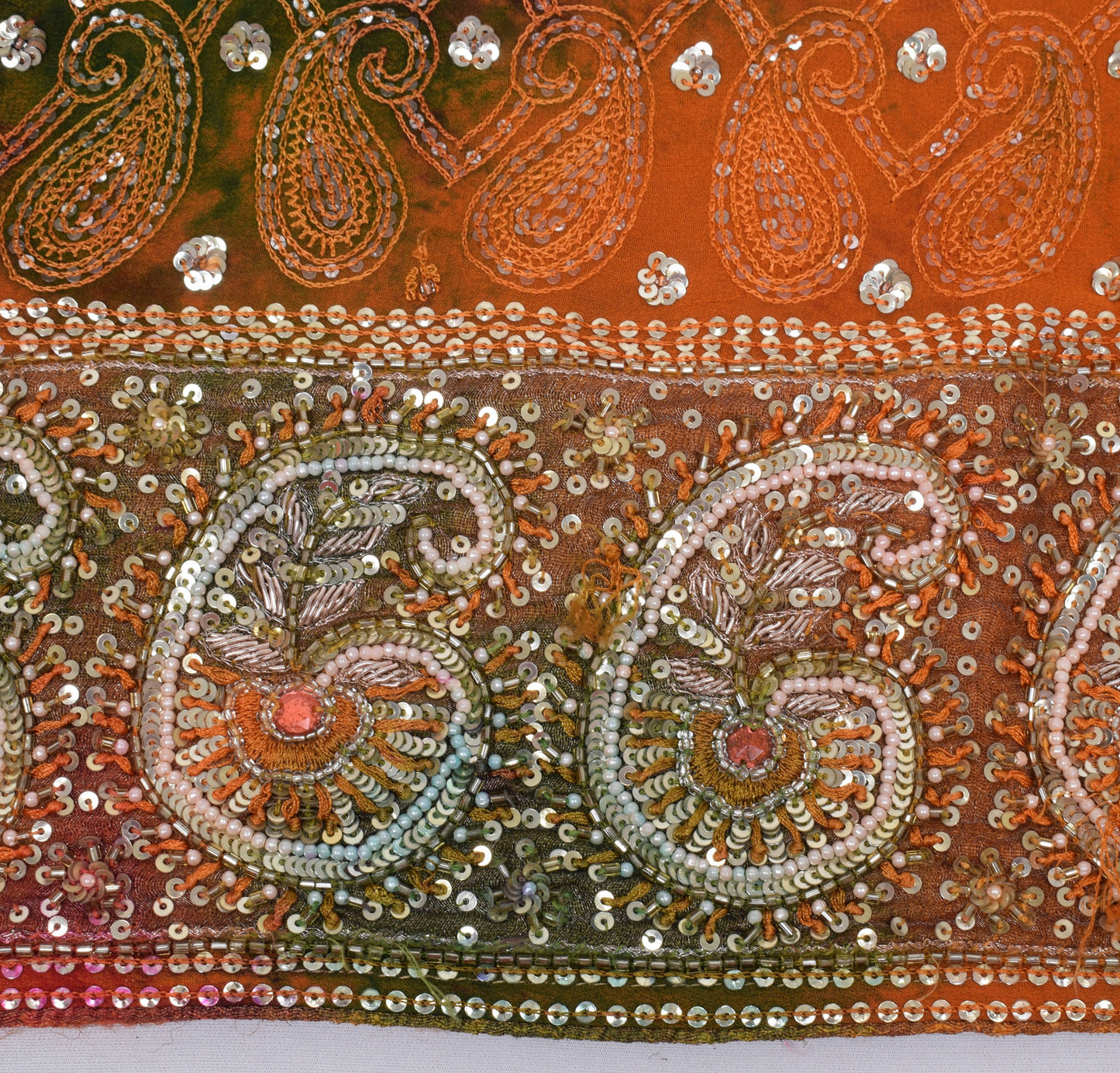 Sushila Vintage Rust HEAVY Sari Pure Georgette Sequin Embellish Tie-dye Sari Craft Fabric