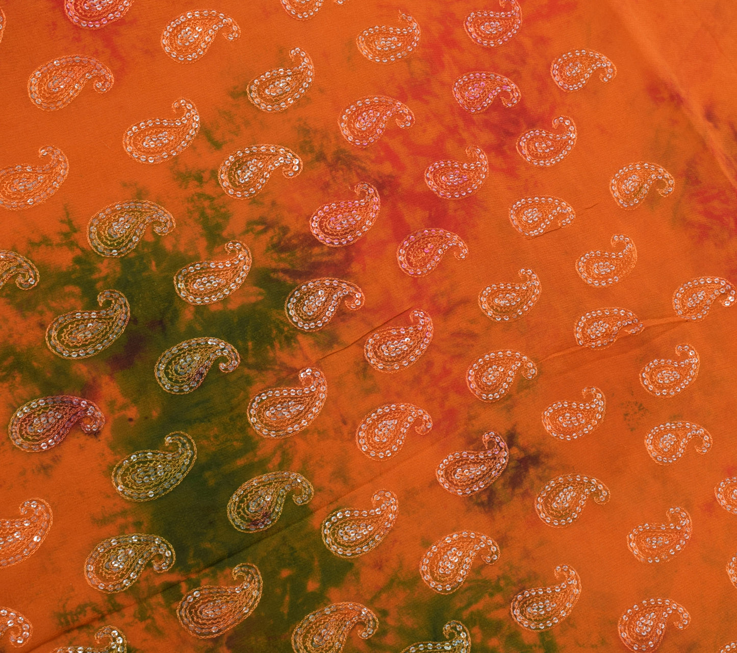 Sushila Vintage Rust HEAVY Sari Pure Georgette Sequin Embellish Tie-dye Sari Craft Fabric