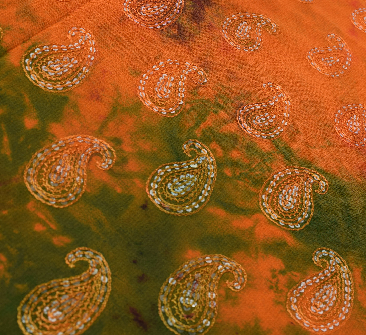Sushila Vintage Rust HEAVY Sari Pure Georgette Sequin Embellish Tie-dye Sari Craft Fabric