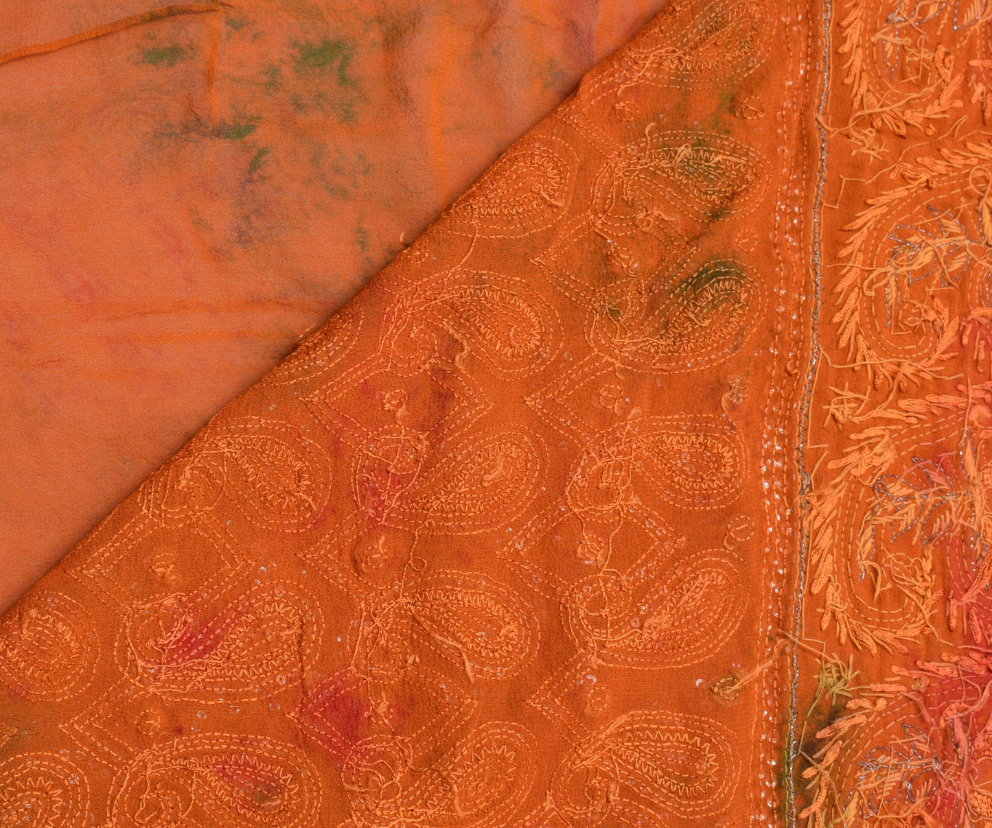 Sushila Vintage Rust HEAVY Sari Pure Georgette Sequin Embellish Tie-dye Sari Craft Fabric