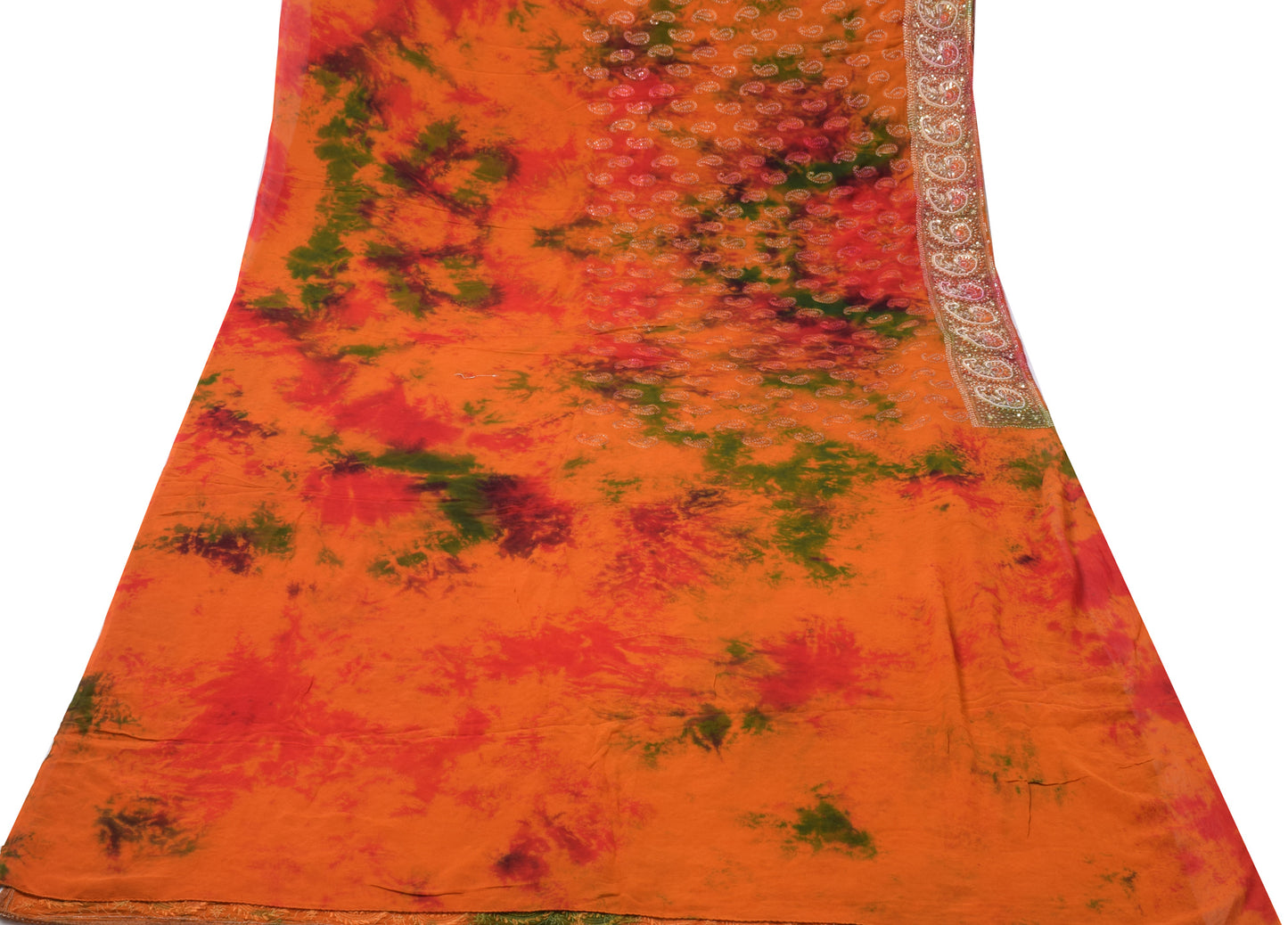 Sushila Vintage Rust HEAVY Sari Pure Georgette Sequin Embellish Tie-dye Sari Craft Fabric