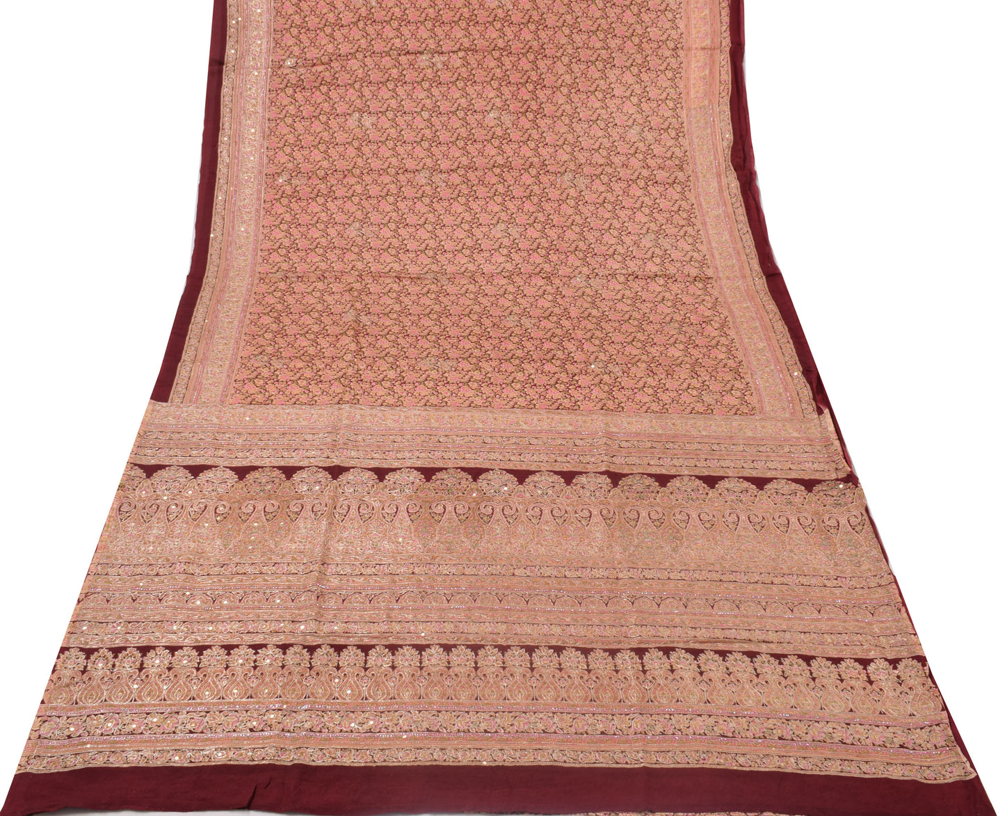 Sushila Vintage Maroon Saree Pure Silk Printed & Embroidered Floral Sari Fabric