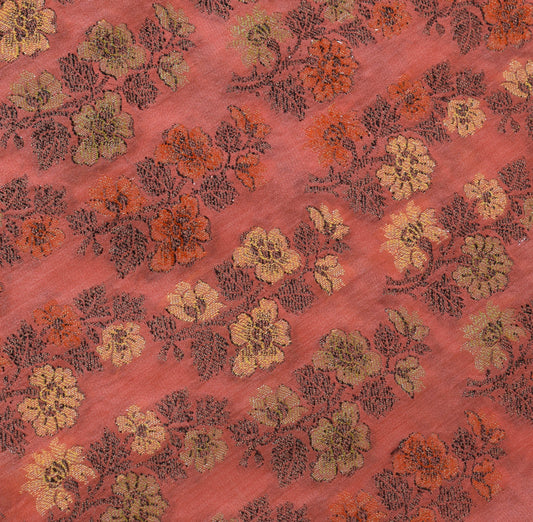 Sushila Vintage Peach Saree Pure Silk All Over Woven Floral Sari Decor Fabric