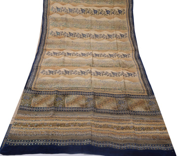 Sushila Vintage Brown Sari Pure Crepe Silk Printed & Embroidered Sari Fabric