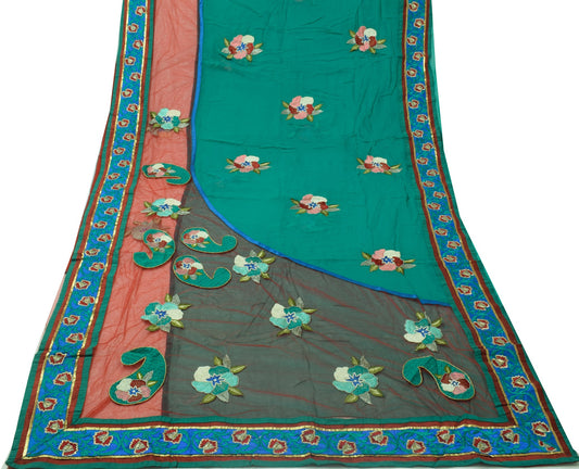Sushila Vintage HEAVY Green Saree Pure Georgette Net Embroidered 5YD Sari Craft Fabric