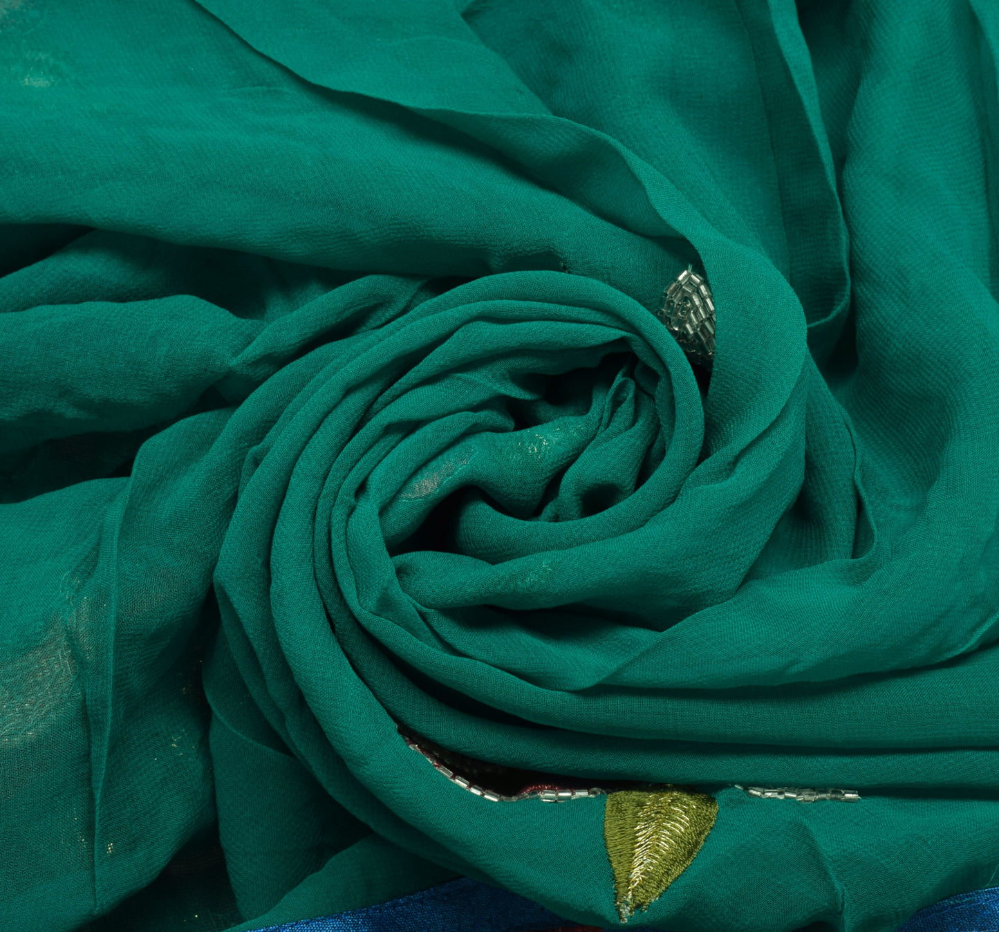 Sushila Vintage HEAVY Green Saree Pure Georgette Net Pearl Glass Embellish Sari Fabric