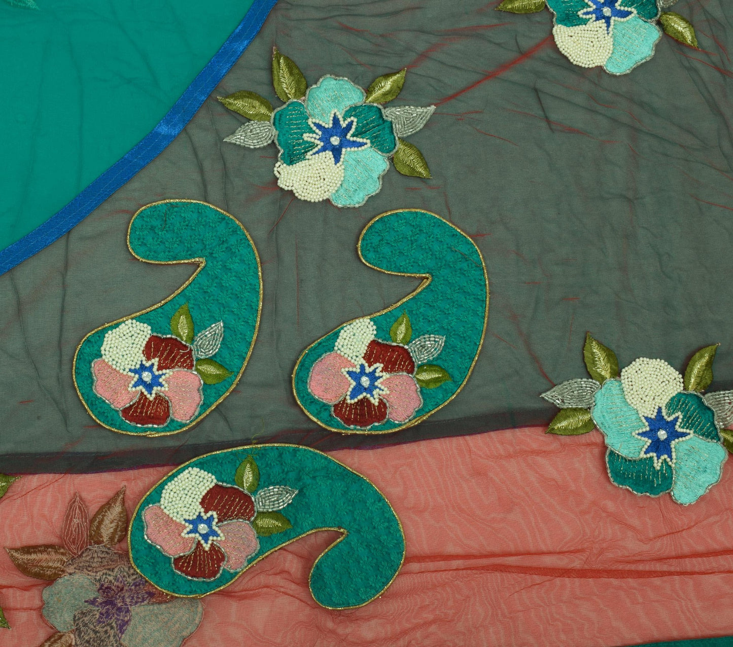 Sushila Vintage HEAVY Green Saree Pure Georgette Net Pearl Glass Embellish Sari Fabric