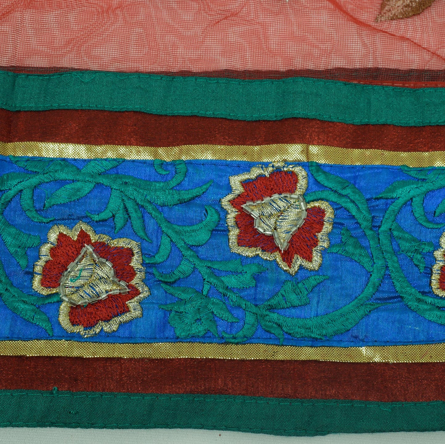 Sushila Vintage HEAVY Green Saree Pure Georgette Net Pearl Glass Embellish Sari Fabric
