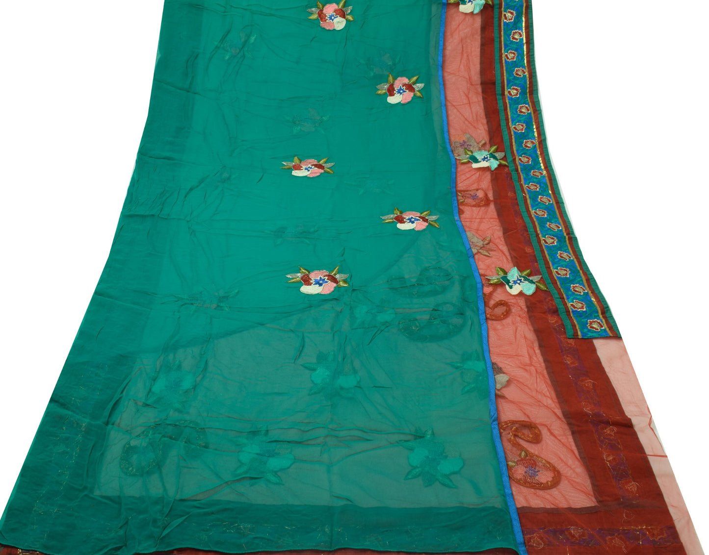 Sushila Vintage HEAVY Green Saree Pure Georgette Net Pearl Glass Embellish Sari Fabric