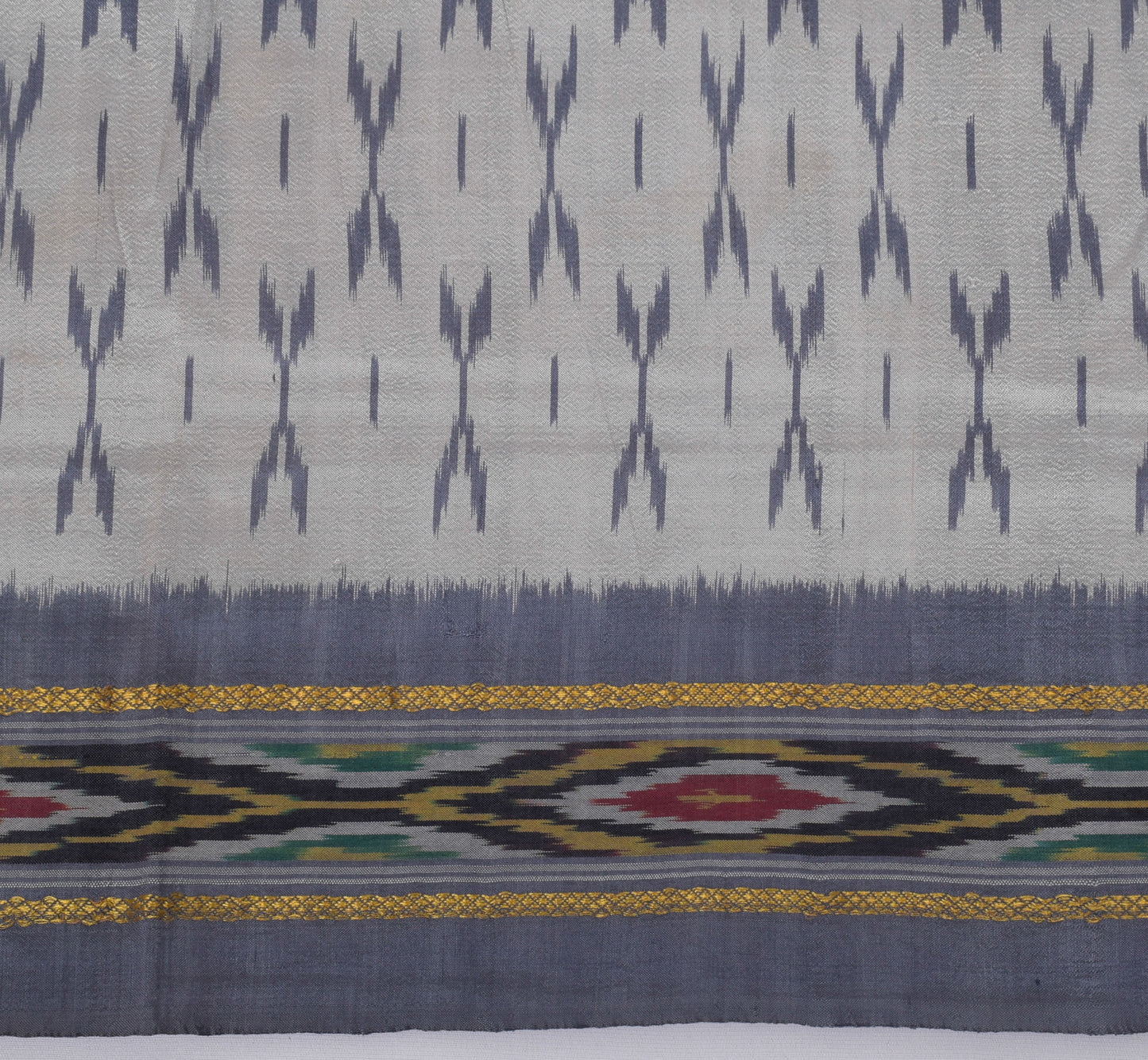 Sushila Vintage Gray Indian Saree 100% Pure Silk Woven Ikkat Patola Sari Fabric