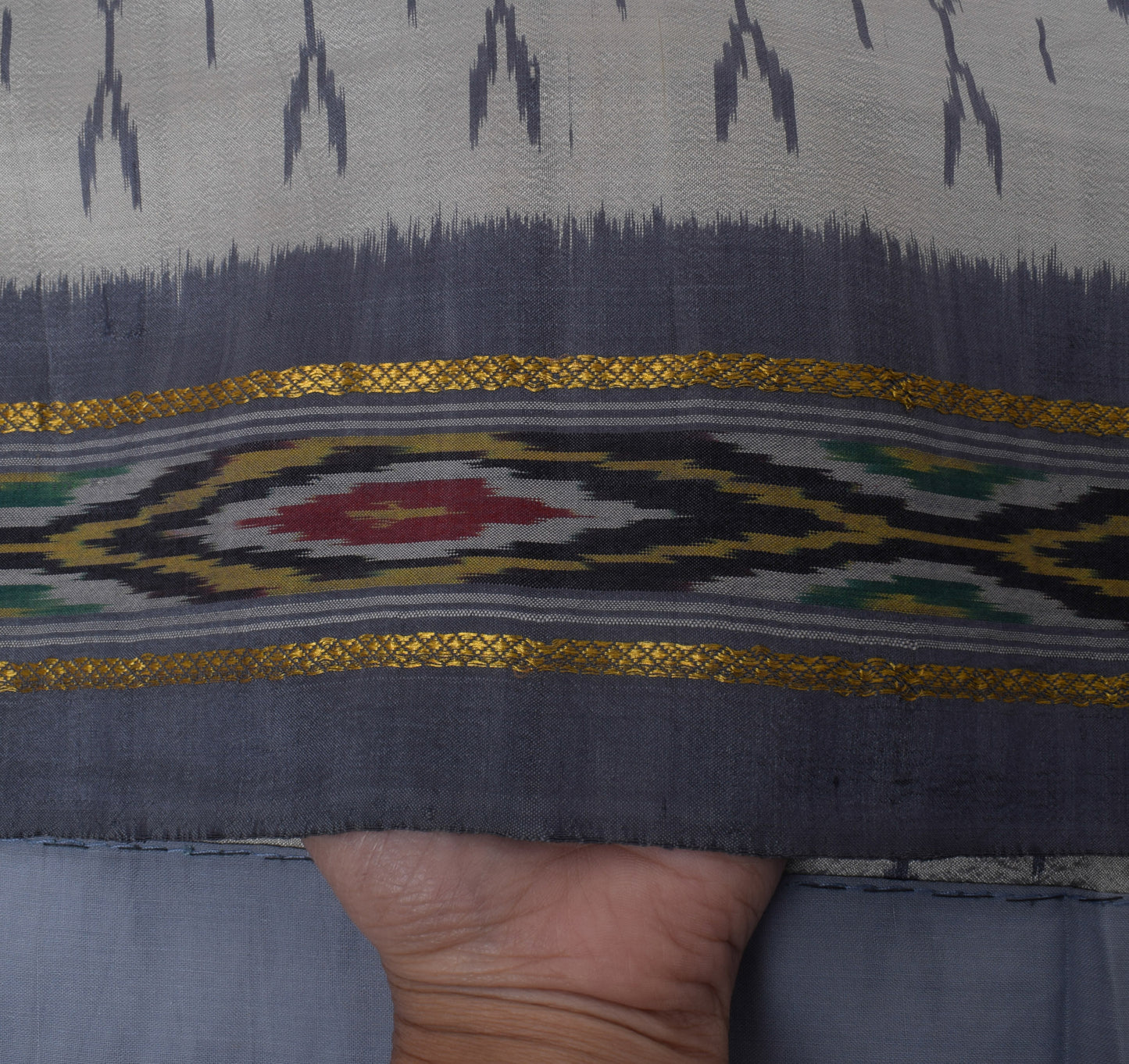 Sushila Vintage Gray Indian Saree 100% Pure Silk Woven Ikkat Patola Sari Fabric