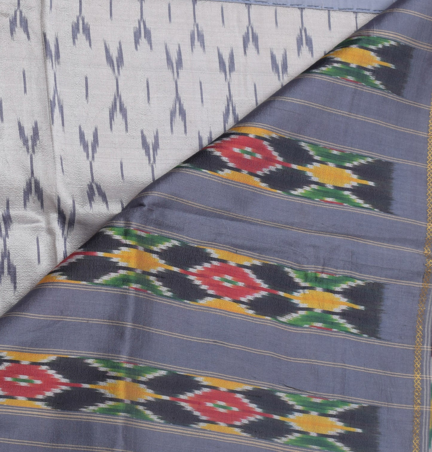 Sushila Vintage Gray Indian Saree 100% Pure Silk Woven Ikkat Patola Sari Fabric