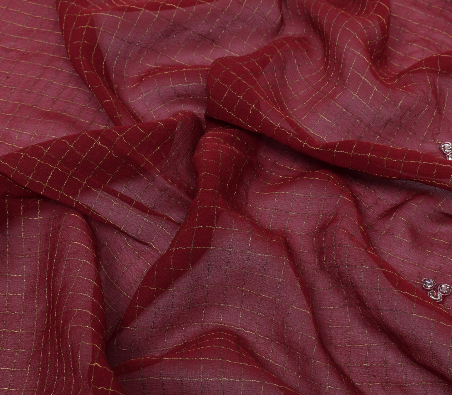 Sushila Vintage Maroon Saree Pure Georgette Silk Hand Beaded Floral Sari Fabric