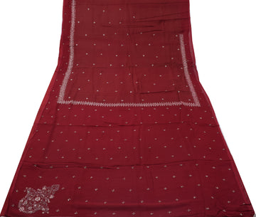Sushila Vintage Maroon Saree Pure Georgette Silk Hand Beaded Floral Sari Fabric