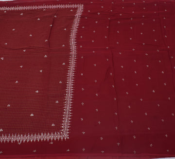 Sushila Vintage Maroon Saree Pure Georgette Silk Hand Beaded Floral Sari Fabric