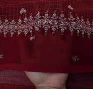 Sushila Vintage Maroon Saree Pure Georgette Silk Hand Beaded Floral Sari Fabric