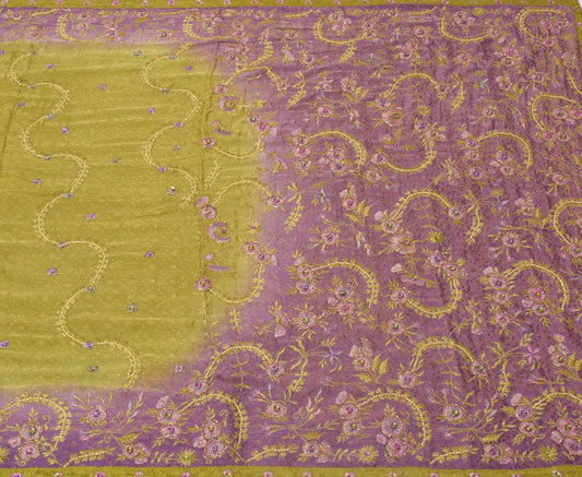 Sushila Vintage Green Saree Pure Georgette Silk Hand Beaded Floral Sari Fabric