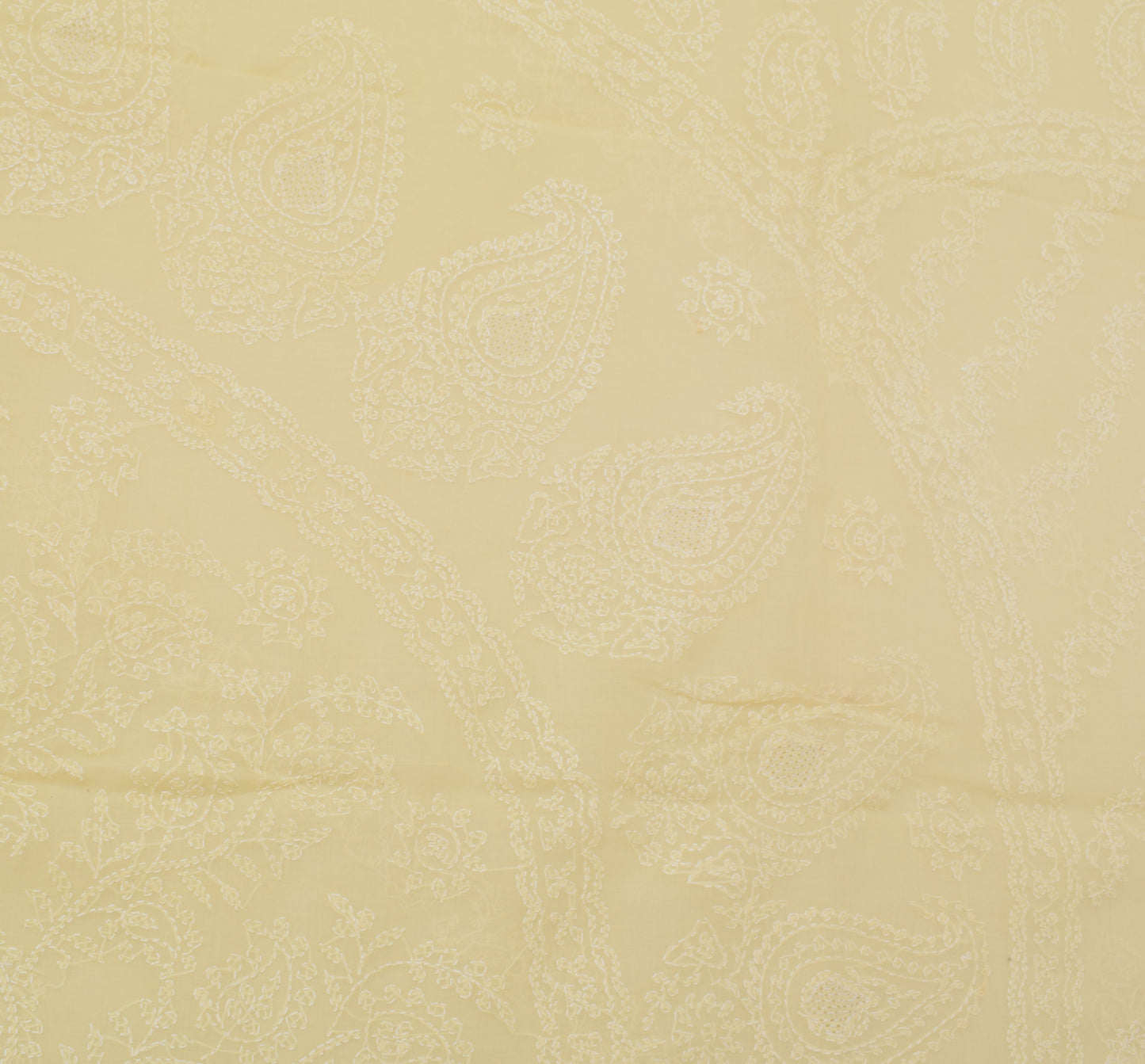 Sushila Vintage Ivory Sari Blend Cotton Hand Embroidered Chikankari Sari Fabric