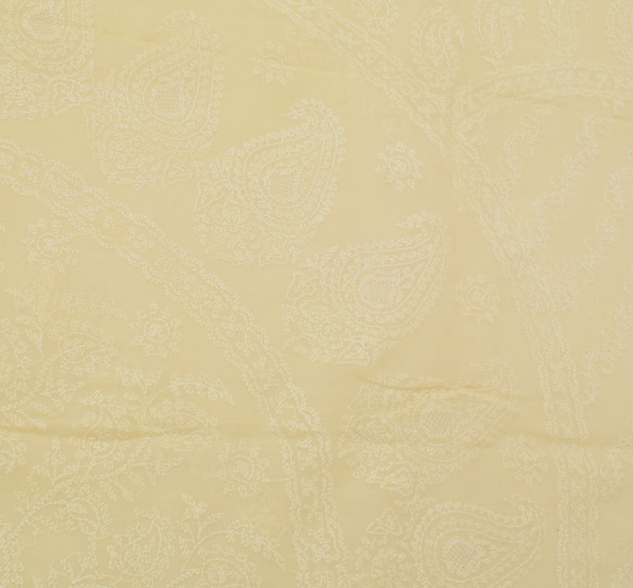 Sushila Vintage Ivory Sari Blend Cotton Hand Embroidered Chikankari Sari Fabric