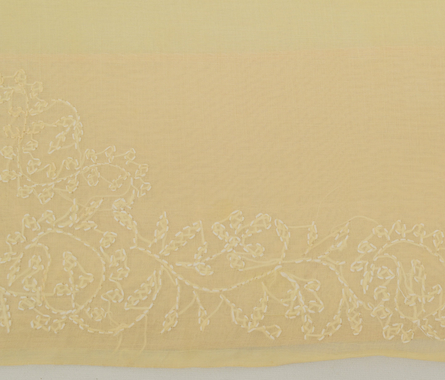 Sushila Vintage Ivory Sari Blend Cotton Hand Embroidered Chikankari Sari Fabric