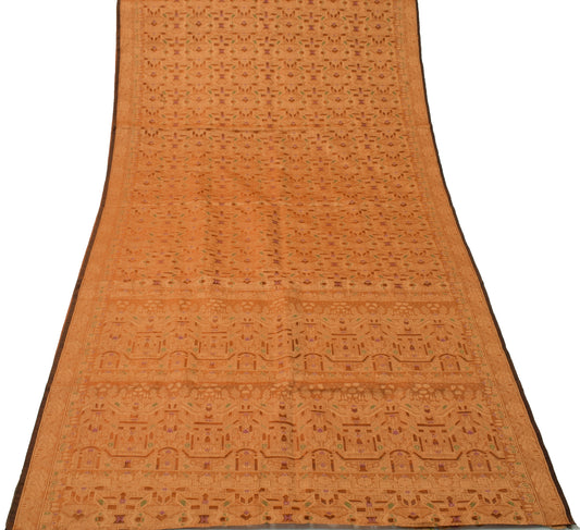 Sushila Vintage Brown Saree 100% Pure Silk All Over Woven Hut Sari Decor Fabric