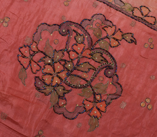 Sushila Vintage Beautiful Peach Sari Pure Silk Printed & Embroidered Sari Fabric