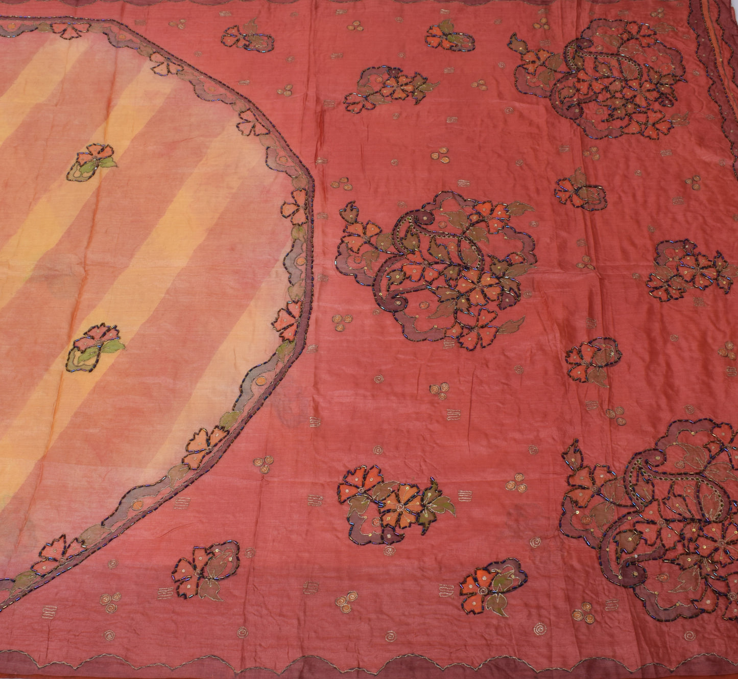 Sushila Vintage Beautiful Peach Sari Pure Silk Printed & Embroidered Sari Fabric