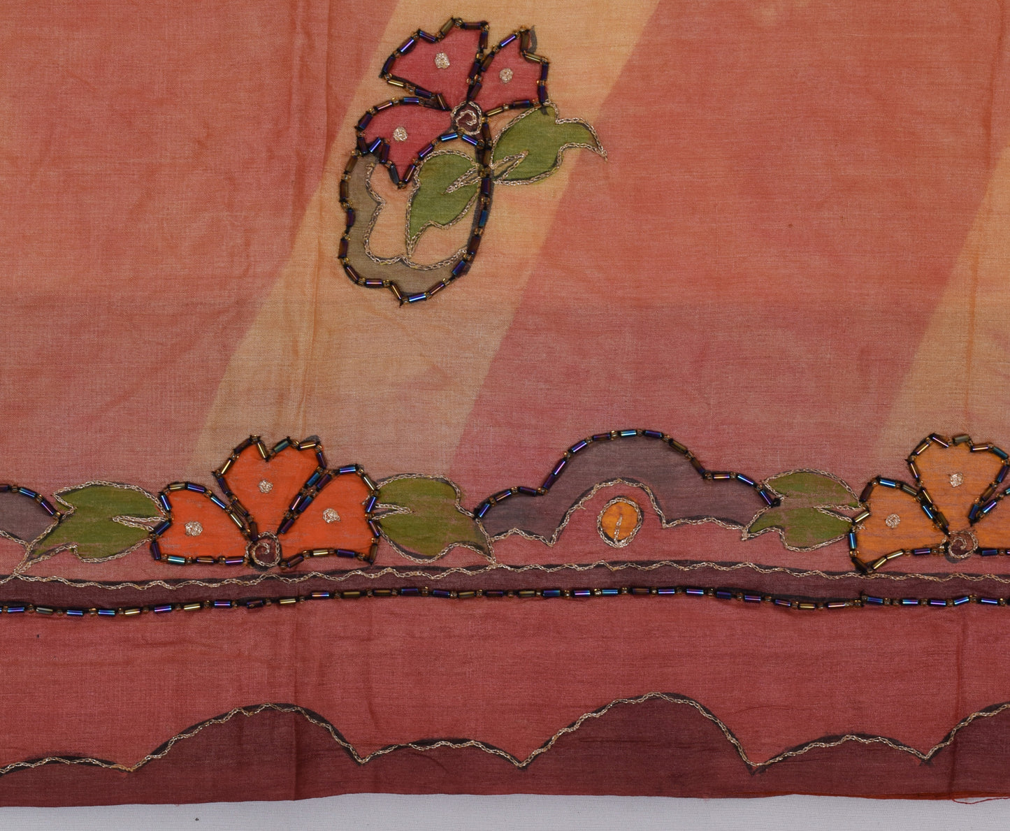 Sushila Vintage Beautiful Peach Sari Pure Silk Printed & Embroidered Sari Fabric