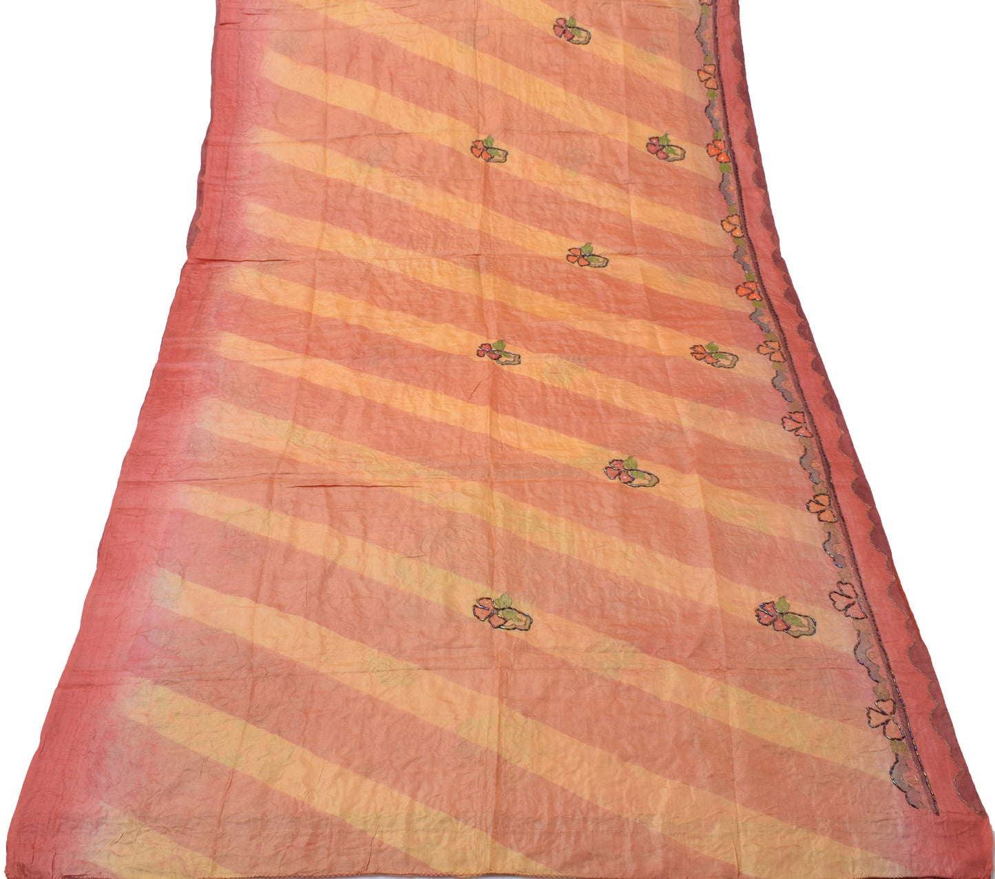 Sushila Vintage Beautiful Peach Sari Pure Silk Printed & Embroidered Sari Fabric