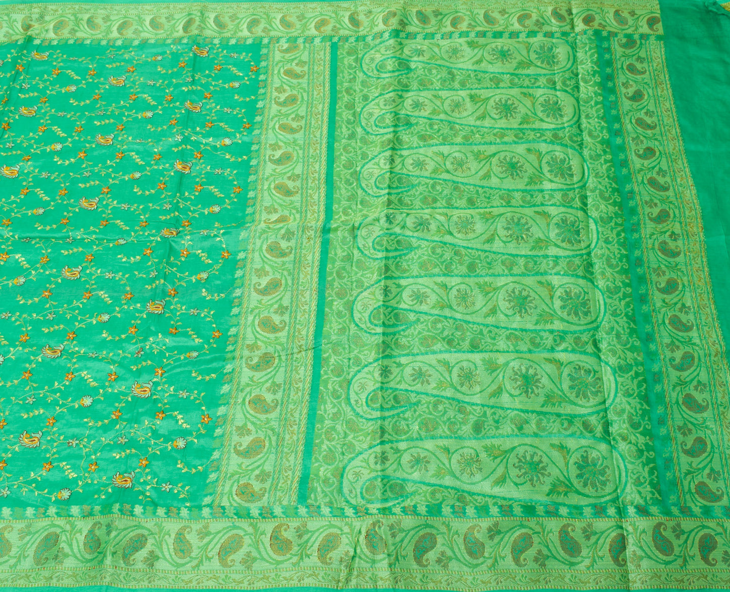 Sushila Vintage Green Sari Pure Silk Embroidered & Woven Floral Sari 5 YD Fabric