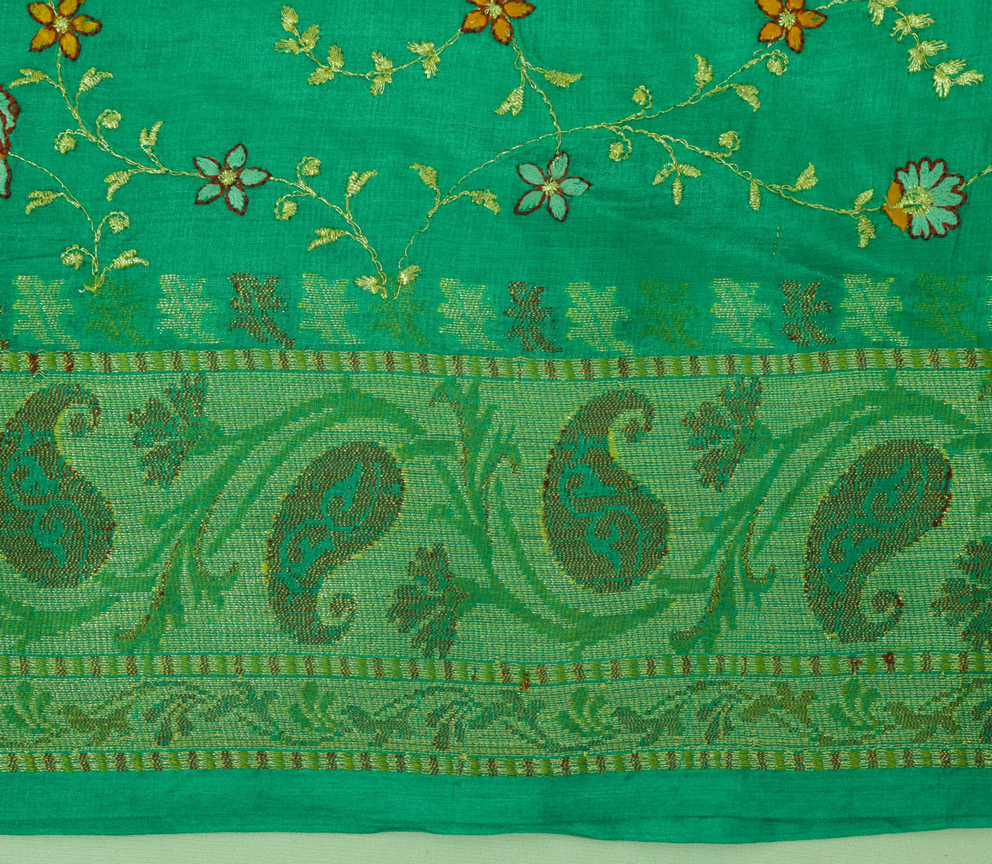 Sushila Vintage Green Sari Pure Silk Embroidered & Woven Floral Sari 5 YD Fabric